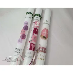 Kommunionkerze Kreise in Flieder-Rosa mit christlichen Symbolen