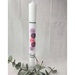 Kommunionkerze Kreise in Flieder-Rosa mit christlichen Symbolen