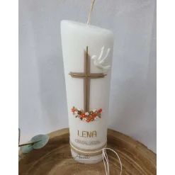 Kommunionkerze Kreuz - Taupe-Apricot-Gold mit Taube Ellipse schmal - Mädchen - personalisiert