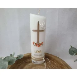 Kommunionkerze Kreuz - Taupe-Apricot-Gold mit Taube Ellipse schmal - Mädchen - personalisiert