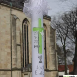 Kommunionkerze Kreuz grün-silber mit Taube, Fisch und Kelch, handverziert, Kommunionkerze Jungen und Mädchen, personalis