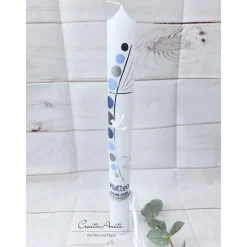 Kommunionkerze Kreuz mit Kreise in Blau-Silber mit christlichen Symbolen Taube, Fische und Wasser
