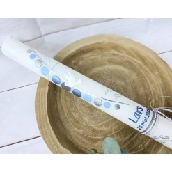 Kommunionkerze Kreuz mit Kreise in Blau-Silber mit christlichen Symbolen Taube, Fische und Wasser