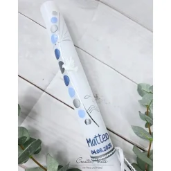 Kommunionkerze Kreuz mit Kreise in Blau-Silber mit christlichen Symbolen Taube, Fische und Wasser