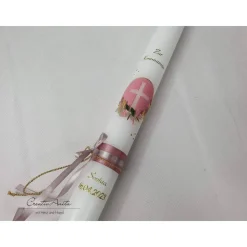 Kommunionkerze mit Kreuz und Blätter in Altrosa-Gold