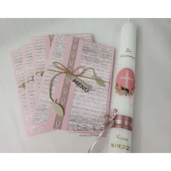 Kommunionkerze mit Kreuz und Blätter in Altrosa-Gold