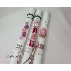 Kommunionkerze Quadrate in Beere-Rosa mit christlichen Symbolen