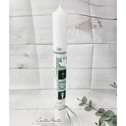 Kommunionkerze Quadrate mit Waldgrün-Grün-Grau-Eukalypthus mit christlichen Symbolen