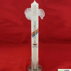 Kommunionkerze Regenbogen und Segelschiff in elfenbein, handverziert, Kommunionkerze mit Namen und Datum, für Jungen und