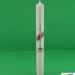 Kommunionkerze Regenbogen und Segelschiff in elfenbein, handverziert, Kommunionkerze mit Namen und Datum, für Jungen und