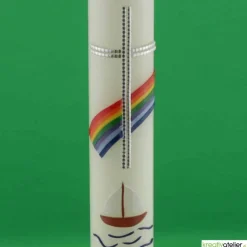 Kommunionkerze Regenbogen und Segelschiff in elfenbein, handverziert, Kommunionkerze mit Namen und Datum, für Jungen und