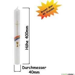 Kommunionkerze Regenbogen, Kreuz und Kelch, gold, handverziert, Kommunionkerze mit Namen und Datum, Kommunionkerze Junge