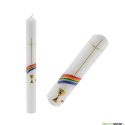 Kommunionkerze Regenbogen, Kreuz und Kelch, gold, handverziert, Kommunionkerze mit Namen und Datum, Kommunionkerze Junge