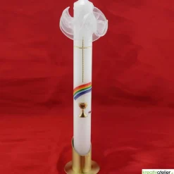 Kommunionkerze Regenbogen, Kreuz und Kelch, gold, handverziert, Kommunionkerze mit Namen und Datum, Kommunionkerze Junge