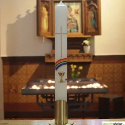 Kommunionkerze Regenbogen, Kreuz und Kelch, gold, handverziert, Kommunionkerze mit Namen und Datum, Kommunionkerze Junge