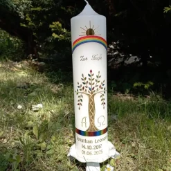 Kommunionkerze Taufkerze Mädchen Jungen Lebensbaum bunt gold Baum des Lebens  Name Datum Spruch individualisierbar 30x7