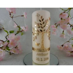 Kommunionkerze Taufkerze Mädchen Jungen Lebensbaum bunt gold Baum des Lebens  Name Datum Spruch individualisierbar 30x7