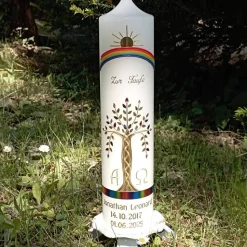 Kommunionkerze Taufkerze Mädchen Jungen Lebensbaum bunt gold Baum des Lebens  Name Datum Spruch individualisierbar 30x7