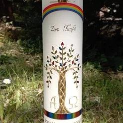 Kommunionkerze Taufkerze Mädchen Jungen Lebensbaum bunt gold Baum des Lebens  Name Datum Spruch individualisierbar 30x7