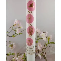 Kommunionkerze Taufkerze lang christliche Symbole Fisch Kreuz Kelch tau Mädchen  Name Datum individualisierbar 400/40 mm