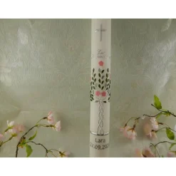 Kommunionkerze Taufkerze lang Mädchen Lebensbaum grün silber Baum des Lebens Kreuz Regenbogen Name Datum