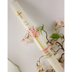 Kommunionkerze Taufkerze lang Mädchen Lebensbaum rosa gold Baum des Lebens Kreuz  Name Datum individualisierba