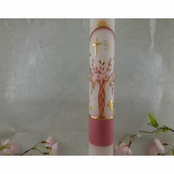 Kommunionkerze Taufkerze lang Mädchen Lebensbaum rosa gold Baum des Lebens Kreuz Regenbogen Name Datum individualisierbar 400/50 mm