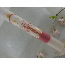 Kommunionkerze Taufkerze lang Mädchen Lebensbaum rosa gold Baum des Lebens Kreuz Regenbogen Name Datum individualisierbar 400/50 mm