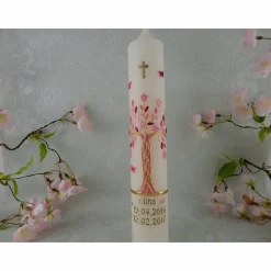 Kommunionkerze Taufkerze lang Mädchen Lebensbaum rosa gold Baum des Lebens Kreuz Schmetterlinge Name Datum individualisierbar 300/50 mm