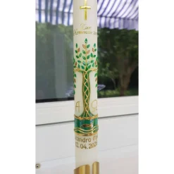 Kommunionkerze Taufkerze lang Lebensbaum Baum Jungen Mädchen Name Datum individualisierbar 400/40 mm