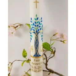 Kommunionkerze Taufkerze lang Mädchen Jungen Lebensbaum blau mint gold Baum des Lebens Kreuz Regenbogen Name Datum