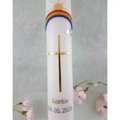 Kommunionkerze Taufkerze lang Jungen Mädchen Kreuz Regenbogen Sonne bunt 400/40 mm Name Datum individualisierbar