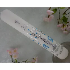 Kommunionkerze Taufkerze lang Mädchen Jungen Lebensbaum blau silber Baum des Lebens Kreuz Alfa Omega Name Datum individualisierbar 300/50 mm