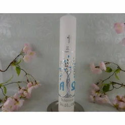 Kommunionkerze Taufkerze lang Mädchen Jungen Lebensbaum blau silber Baum des Lebens Kreuz Alfa Omega Name Datum individualisierbar 300/50 mm