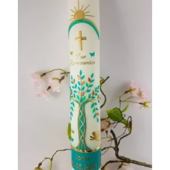 Kommunionkerze Taufkerze lang Mädchen Lebensbaum grün gold Baum des Lebens Kreuz Regenbogen Name Datum individualisierba