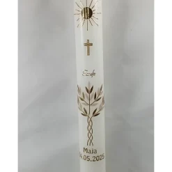 Kommunionkerze Taufkerze lang  Lebensbaum  gold Jungen Mädchen Wachsverziert 40x4 cm TKR1525