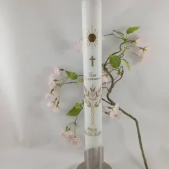 Kommunionkerze Taufkerze lang  Lebensbaum  gold Jungen Mädchen Wachsverziert 40x4 cm TKR1525