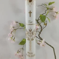 Kommunionkerze Taufkerze lang  Lebensbaum  gold Jungen Mädchen Wachsverziert 40x4 cm TKR1525