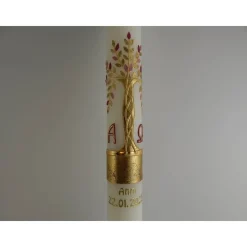 Kommunionkerze Taufkerze lang Mädchen Lebensbaum rosa gold Baum des Lebens Kreuz Regenbogen Name Datum individualisierbar 400/40 mm