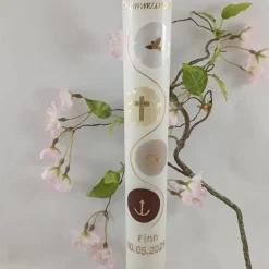 Kommunionkerze Taufkerze lang christliche Symbole Mädchen Jungen Name Datum individualisierbar 400/40 mm