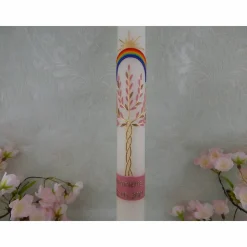 Kommunionkerze Taufkerze lang Mädchen Lebensbaum rosa gold Baum des Lebens Kreuz Regenbogen Name Datum individualisierbar 400/40 mm