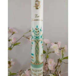 Kommunionkerze Taufkerze lang Lebensbaum Baum Jungen Name Datum individualisierbar 400/40 mm