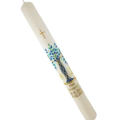 Kommunionkerze Taufkerze lang Jungen Lebensbaum blau grün Baum des Lebens Kreuz  Alfa Omega Name Datum individual