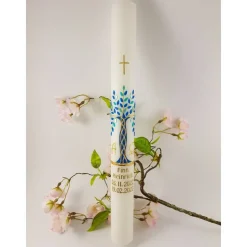 Kommunionkerze Taufkerze lang Jungen Lebensbaum blau grün Baum des Lebens Kreuz  Alfa Omega Name Datum individual