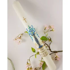 Kommunionkerze Taufkerze lang Jungen Lebensbaum blau grün Baum des Lebens Kreuz  Alfa Omega Name Datum individual