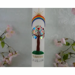Kommunionkerze Taufkerze lang Mädchen Lebensbaum rosa gold Baum des Lebens Kreuz Regenbogen Name Datum individualisierbar 400/50 mm