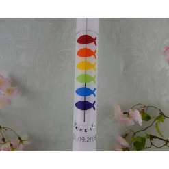 Kommunionkerze Taufkerze lang Mädchen Jungen bunt silber Kreuz Fische Name Datum individualisierbar