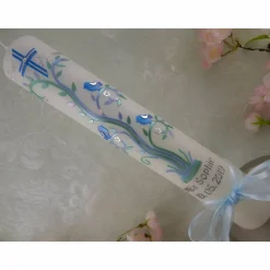 Kommunionkerze Taufkerze lang Mädchen Ranke blau silber Vogelchen Kreuz  Schleife Name Datum individualisierbar 300/50 mm