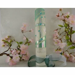 Kommunionkerze Taufkerze lang Mädchen Jungen grün irisierend silber Kreuz Taube Schleife Name Datum individualisierbar 300/50 mm oder 400/40 mm