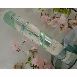 Kommunionkerze Taufkerze lang Mädchen Jungen grün irisierend silber Kreuz Taube Schleife Name Datum individualisierbar 300/50 mm oder 400/40 mm